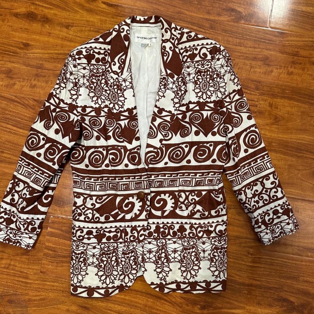 Andrea Jovine Womens Blazer Button 100% Linen Brown Ivory 3/4 Sleeve Size 6